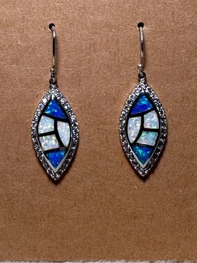 Silver Tone Blue & White shimmering Marquise Dangling Earrings